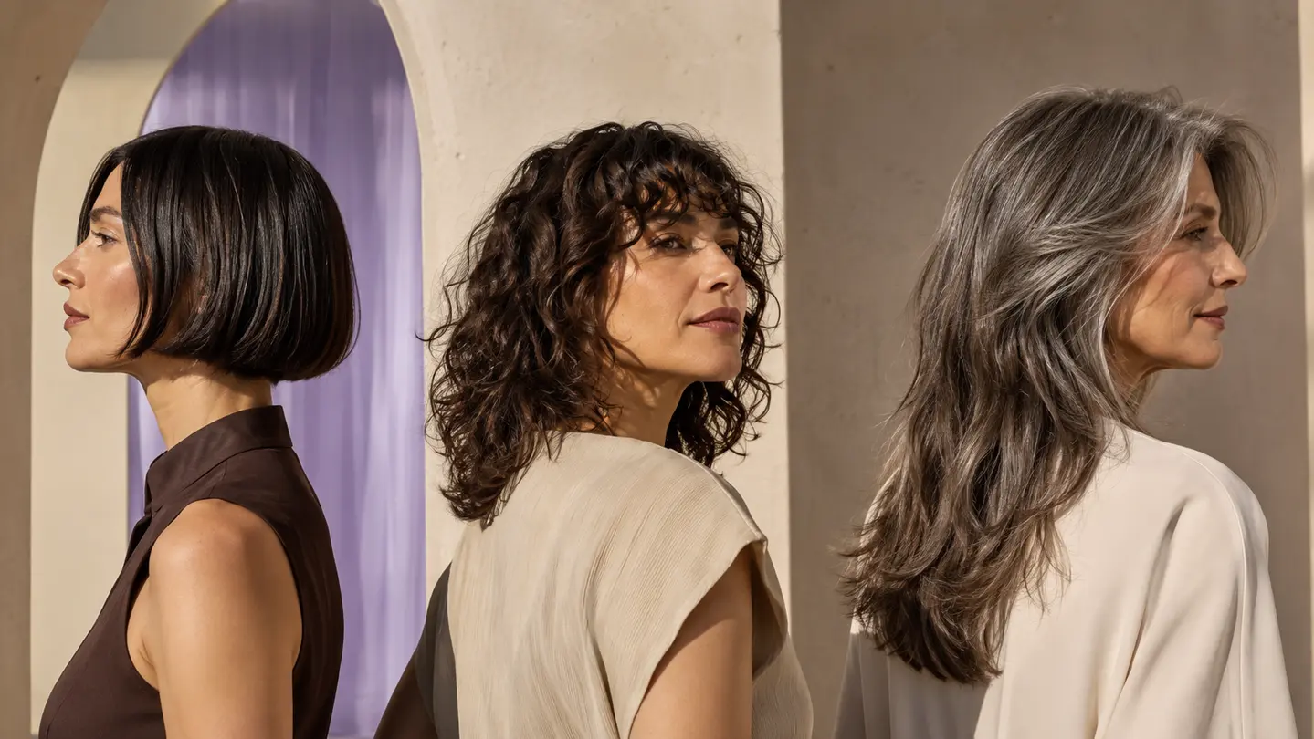 Tre donne con bob geometrico, shag riccio e capelli lunghi scalati