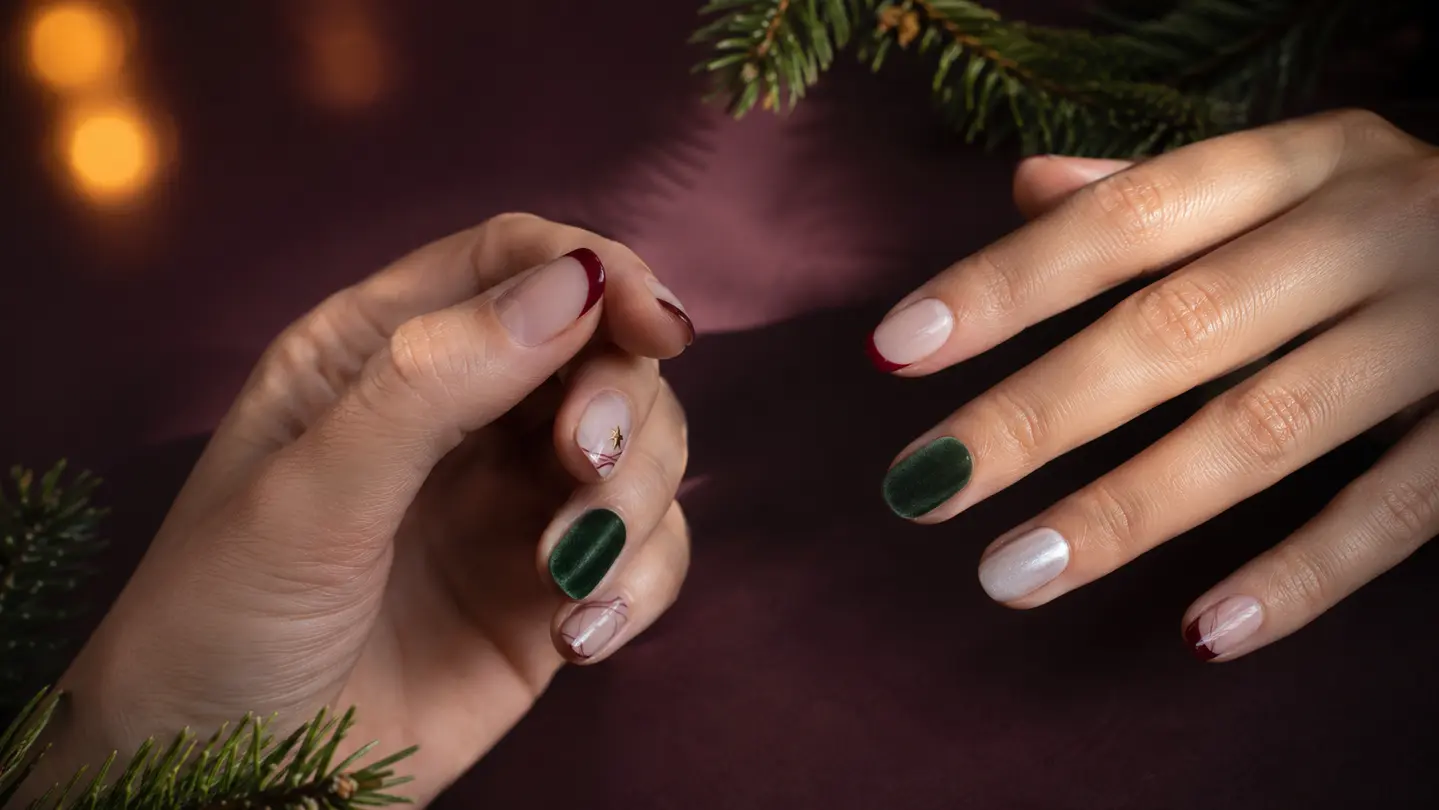 Manicure natalizia con french bordeaux, verde velluto e dettagli perlati