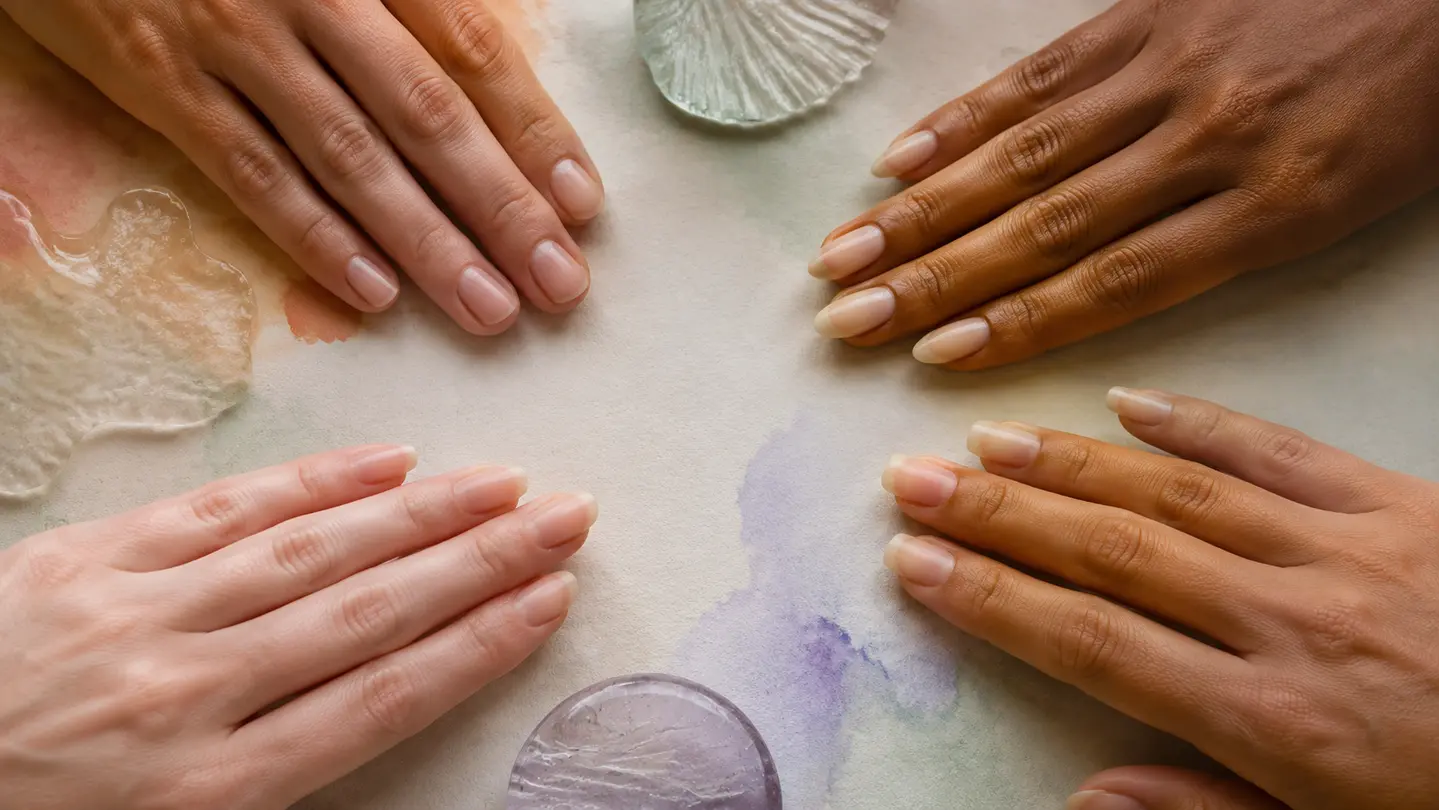 Quattro mani con diverse forme di unghie naturali e curate